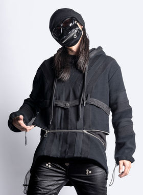 INSIDE OUT 暗黑潮流先锋ins原创螺纹拼接小众拉链黑色连帽卫衣男