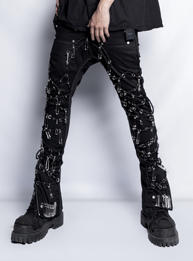 INSIDE OUT 小众暗黑潮流先锋重金属绑带拉链黑色休闲裤男