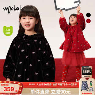 丝绒中式拜年服|woobaby女童棉服25春宝宝盘扣刺绣保暖新年季外套