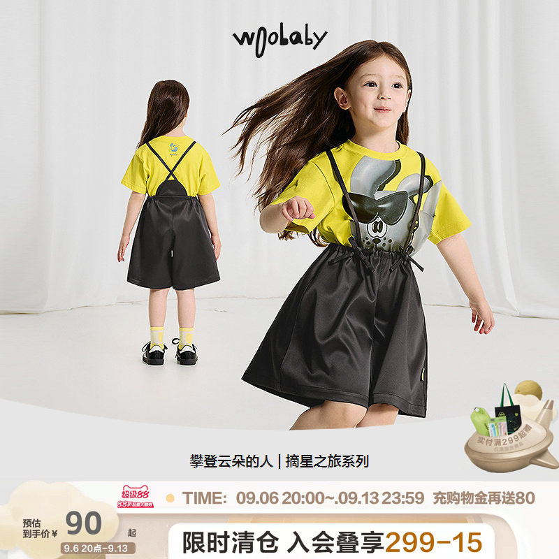 woobaby女童背带短裤夏季新品女宝宝甜美蝴蝶结背带裤阔腿短裤图片