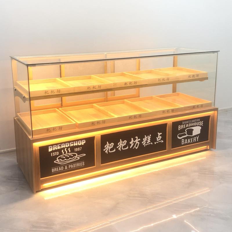 商用实木面包蛋糕店加热展示柜桃酥糕点边柜玻璃货架中岛陈列柜子