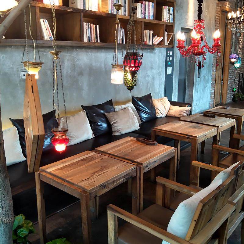 咖啡厅桌椅组合餐桌漫咖啡厅店实木榆木茶桌子套装老榆木做旧木桌