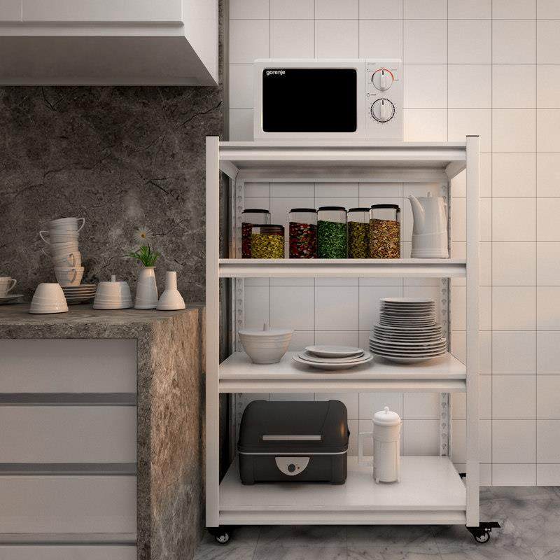 白色四层带轮落地置物架厨房微波炉烤箱收纳架阳台整理架可移动