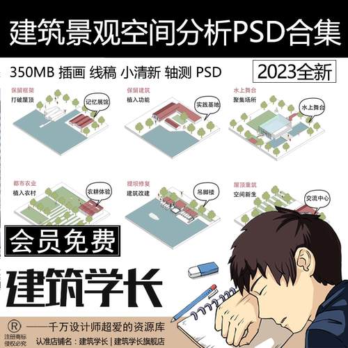 建筑景观空间分析PSD合集 插画 线稿 小清新 轴测图 PSD素材