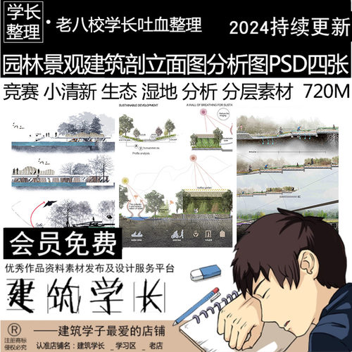 园林景观建筑竞赛小清新剖立面分析图PSD4张 乡村生态湿地层素材