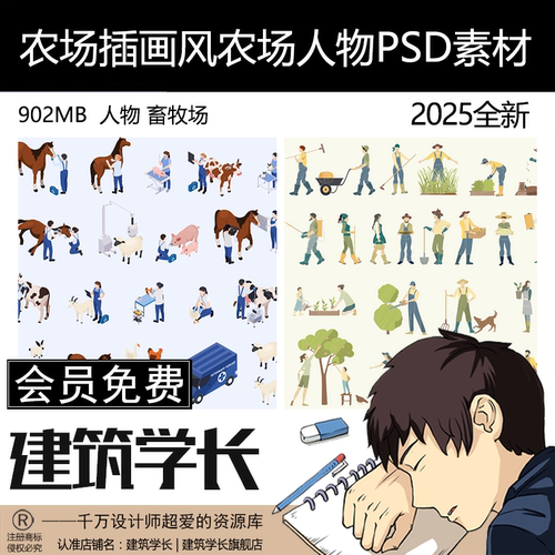 智慧农场人物畜牧场插画风PSD素材合集源文件轴测