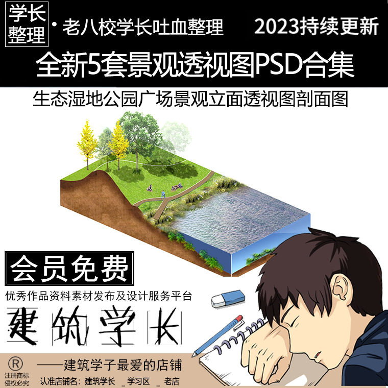 全新5套公园景观剖透视psd合集 生态湿地广场园艺园林景观设计