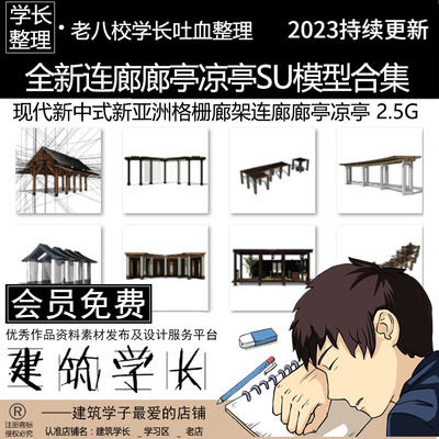 全新连廊廊亭凉亭SU模型合集 现代新中式新亚洲格栅廊架