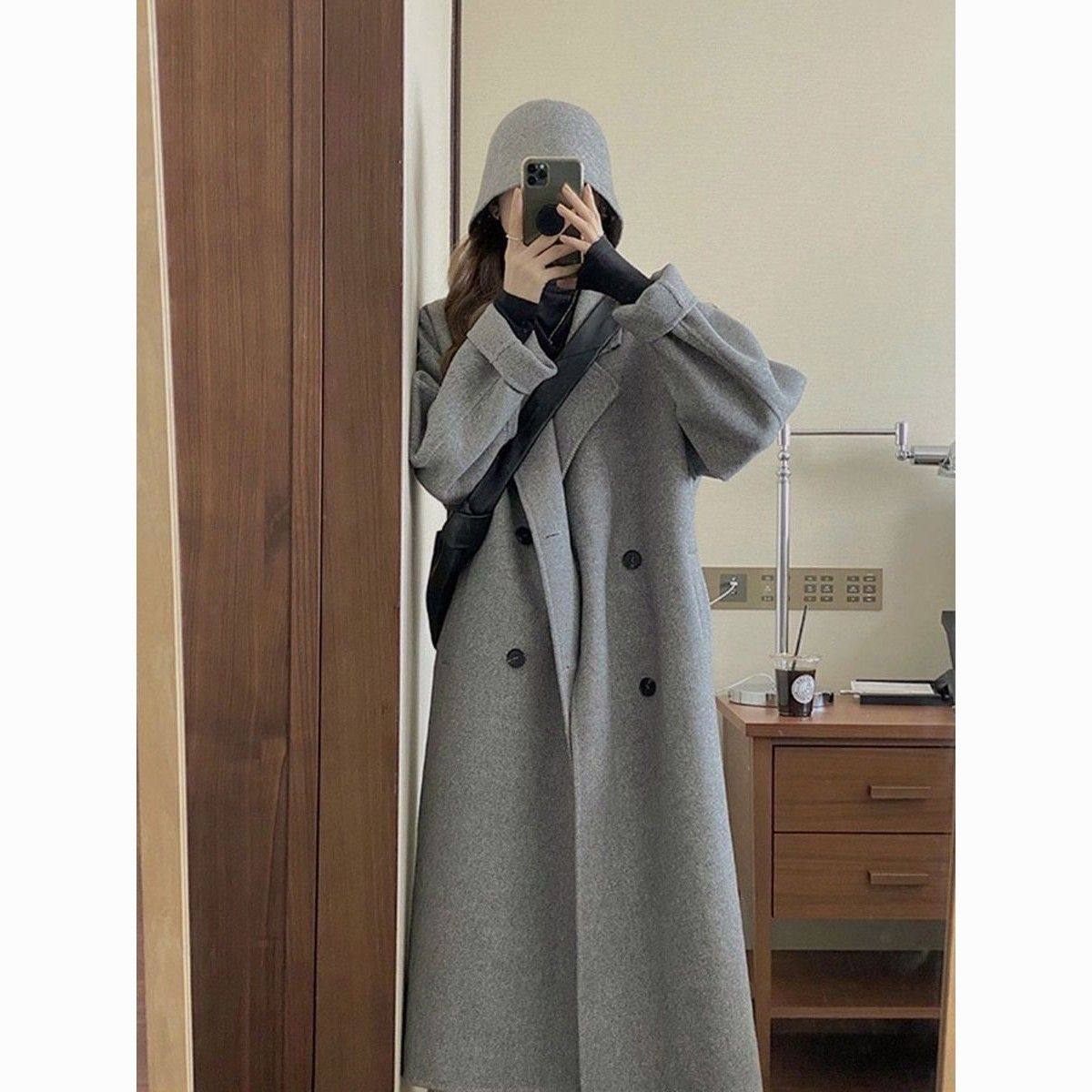 反季燕麦色双面绒大衣女2025秋冬新款韩版宽松中长款过膝毛呢外套