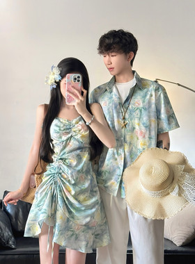 2026情侣装吊带裙印花男T恤时尚潮流情侣款 女裙子带胸垫