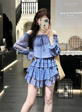夏天巨好看漂亮套装韩系碎花一字肩雪纺上衣a字蛋糕短裙两件套女
