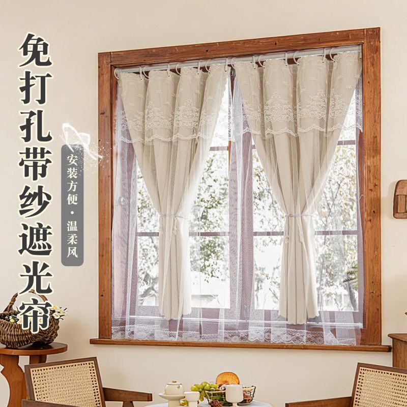 免打孔蕾丝花卉全遮光窗帘