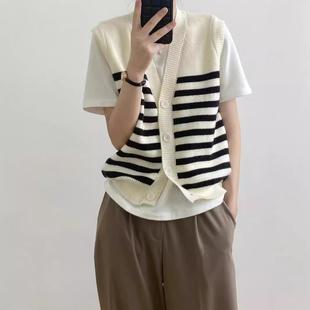 学院风短款宽松黑白条纹针织开衫女2025秋季新款马甲外穿内搭毛衣