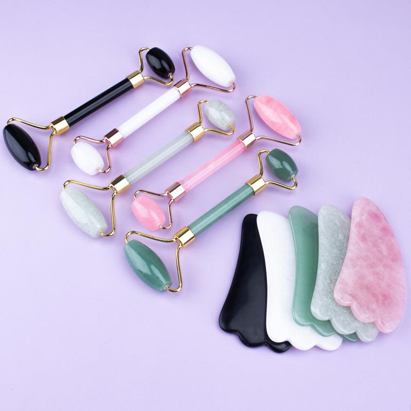 玉角滚轮按摩器套装粉晶滚轮按摩棒面部眼部玉石滚轮定制