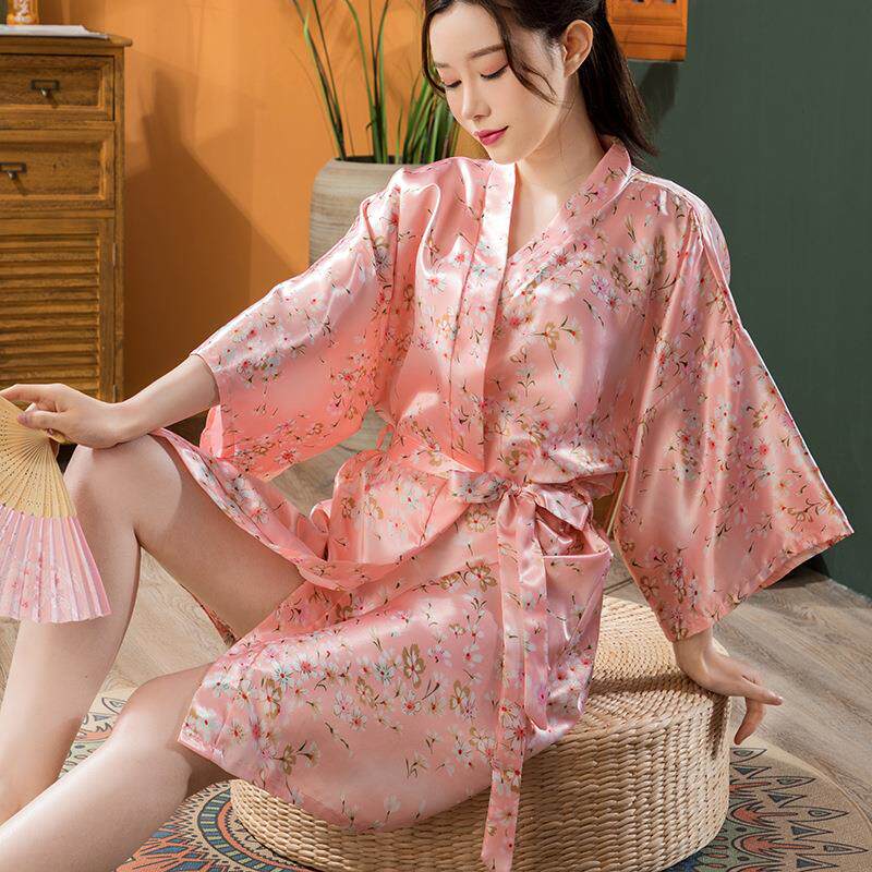 女士睡袍仿真丝色丁和服袍夏季新品小碎花薄款开衫袍短款浴袍定制