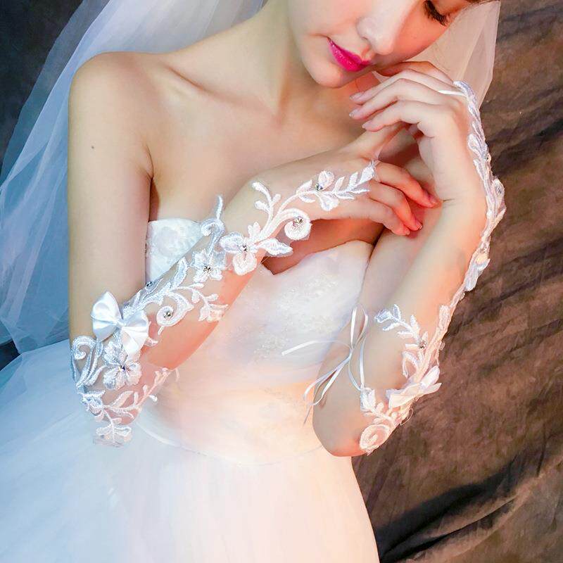 白色公主新娘结婚婚纱礼服蕾丝露指勾指手套薄长款绑带绣花朵水钻
