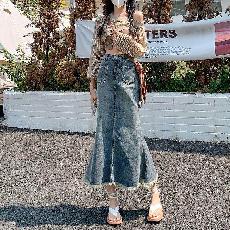 女装中长款高级百搭鱼尾裙2025小个子显高高腰牛仔半身裙复古蓝色