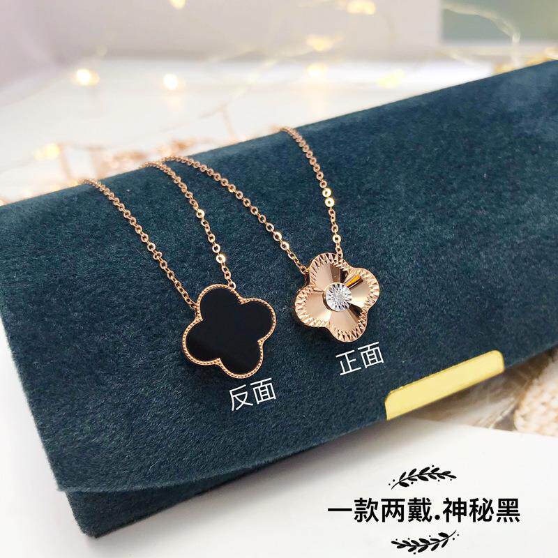 18K金钻石双面四叶草吊坠au750玫瑰彩金锁骨链项链首饰送女友礼物