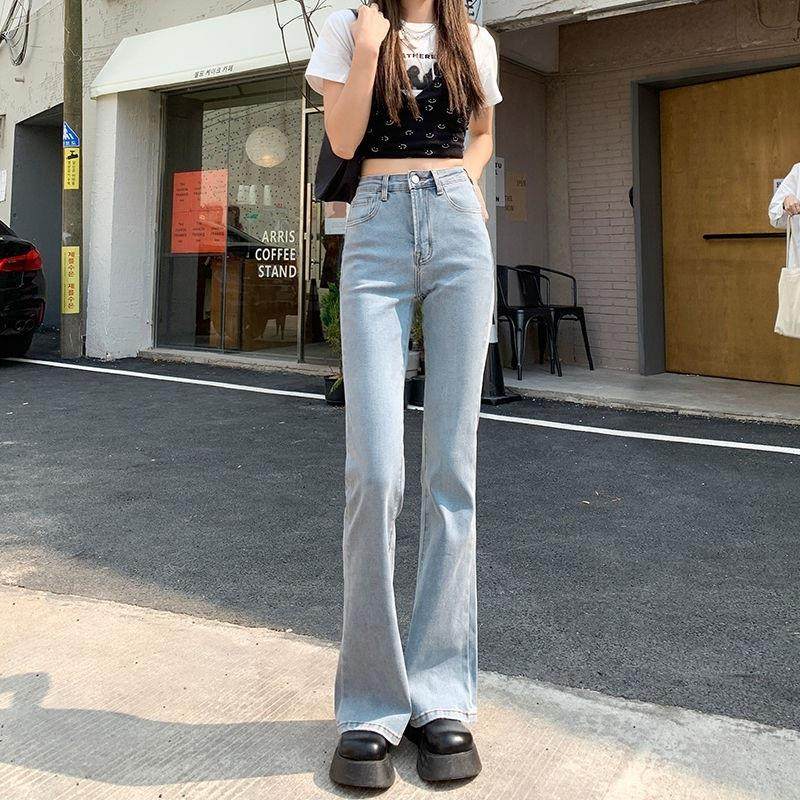浅色拖地牛仔裤女新款弹力高腰直筒修身百搭显阔腿微喇叭裤子夏定