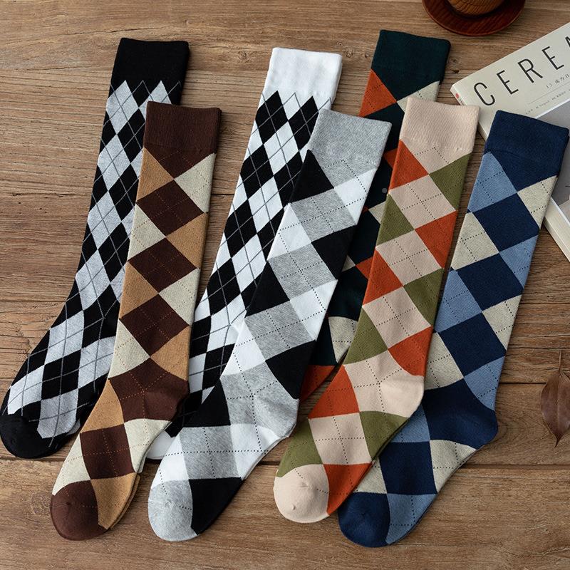 復古菱格襪子女春秋季高筒jk小腿