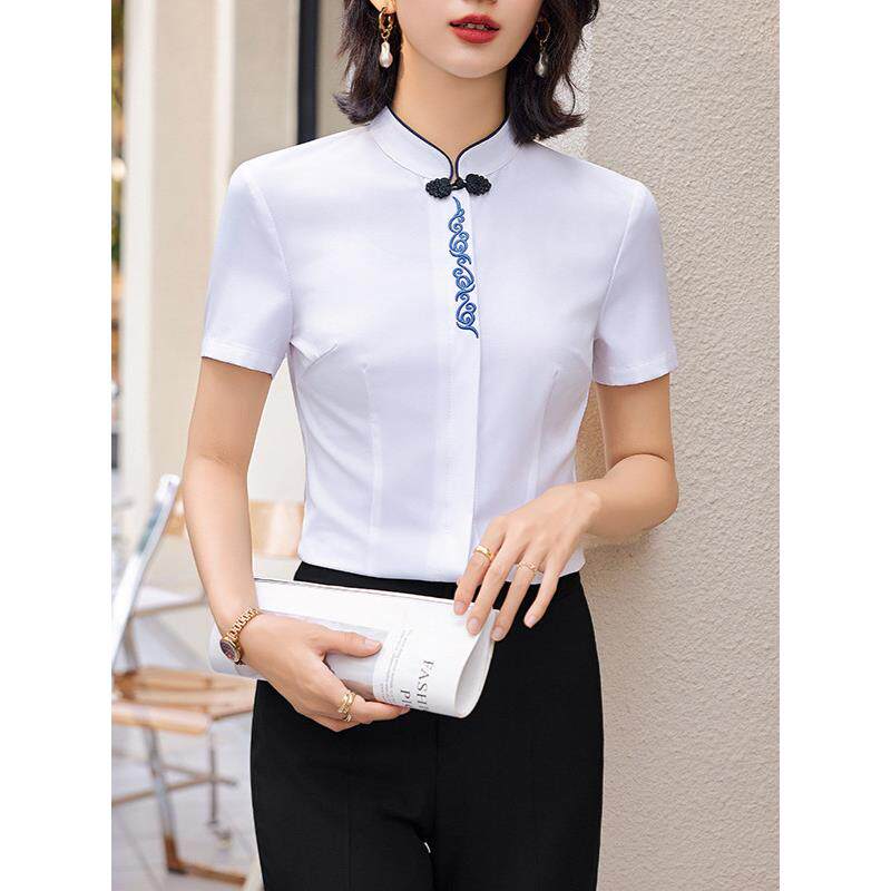 工装短袖衬衫夏餐饮酒店服务员工作服女饭店公司前台收银中式衬衣