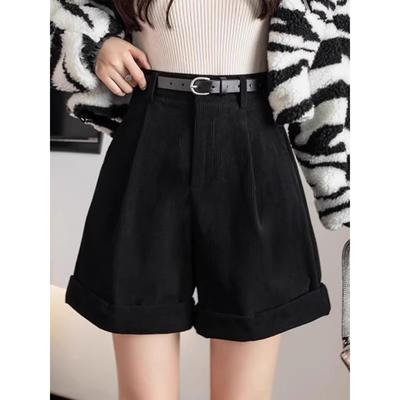 气质灯芯绒短裤女秋冬新款高腰显阔腿裤时尚韩版黑色小香风靴裤定