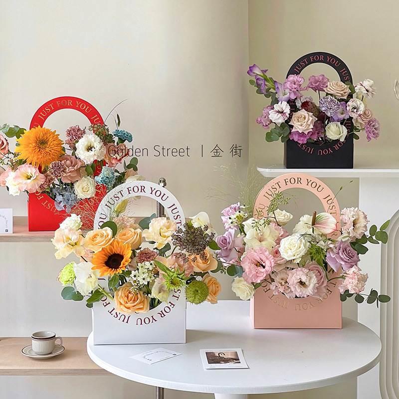 手提可折叠纸盒花篮母亲节长方形简约鲜花礼品包装盒花店包装花盒