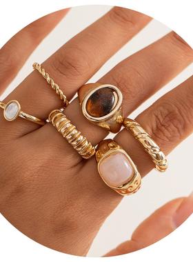 欧美创意水滴圆形宝石套装戒指 时尚甜酷微镶法式复古指环手定制