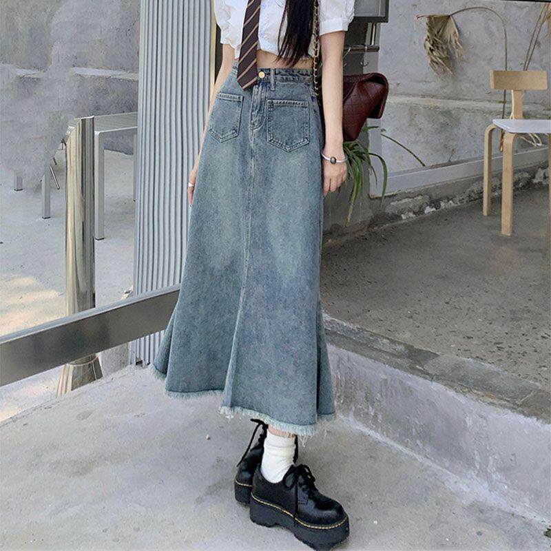 2025小个子显高中长款高级百搭鱼尾裙高腰牛仔半身女装复古蓝色定