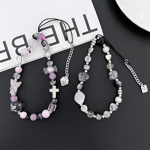 ins甜酷手机链短款小众黑白色系复古挂绳ccd相机挂件手机壳通用女