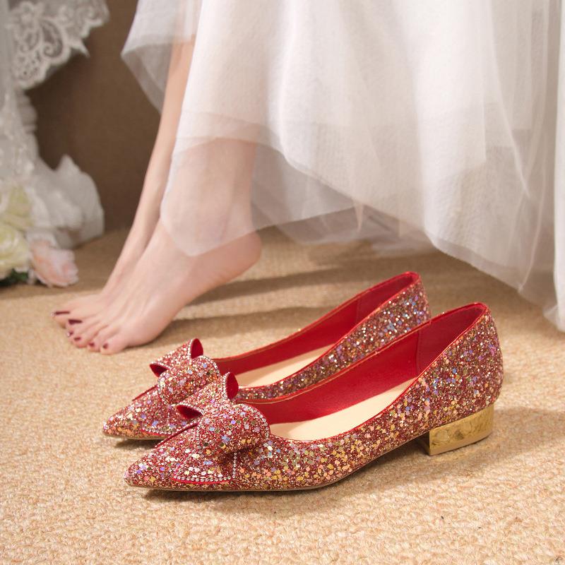 2025春季新款婚慶喜鞋修鞋潮流時(shí)尚結(jié)婚伴娘大碼粗跟單鞋帶鉆定制