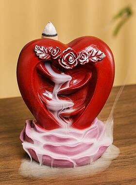树脂檀香倒流香薰炉创意树脂爱心左右逢源玫瑰花倒流香炉摆件定制