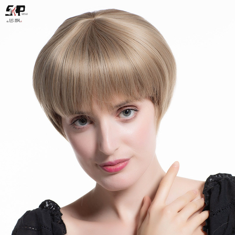 欧美假发短发银白色时尚短发可齐可斜刘海透气玫瑰网整顶头套