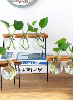 北欧风创意木架水培花瓶清新插花瓶家居透明水养干花容器装饰摆件