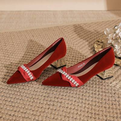 3316网纱串珠尖头粗跟鞋女婚鞋高跟鞋浅口电镀低跟珍珠带气质女鞋