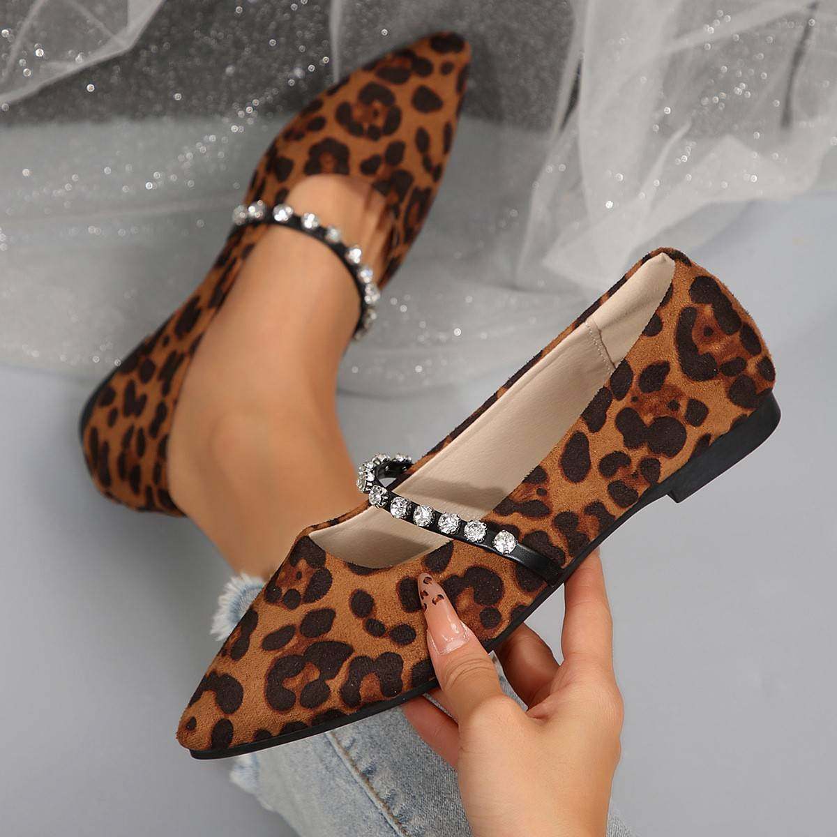 法式高级感尖头豹纹单鞋女春秋季新款浅口水钻豆豆鞋休闲平底瓢鞋,女鞋,浅口单鞋,淘宝优惠券,粉丝福利购,淘宝优惠卷