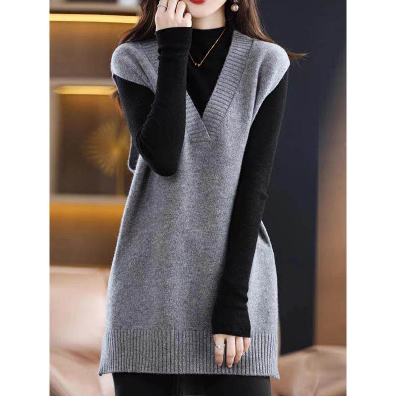 新款羊毛马甲背心女开叉中长款宽松显小个子无袖针织连衣裙秋定制