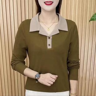 春秋2027新款 长袖 时尚 大妈女装 上衣 翻领女式 打底衫 t恤中年妈妈装