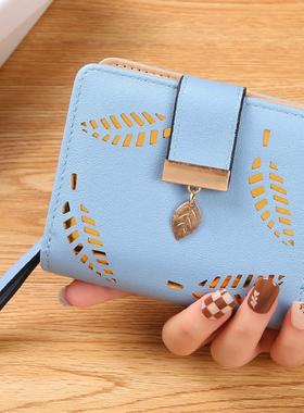钱包女短款叶子二折女士韩版镂空时尚潮流零钱拉链卡包定制