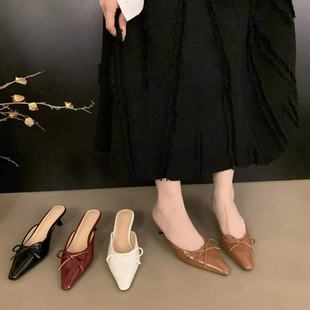 涼拖鞋 2026年款 定制 高跟單鞋 女大碼 蝴蝶結(jié)中細(xì)跟穆勒鞋 包頭半拖鞋