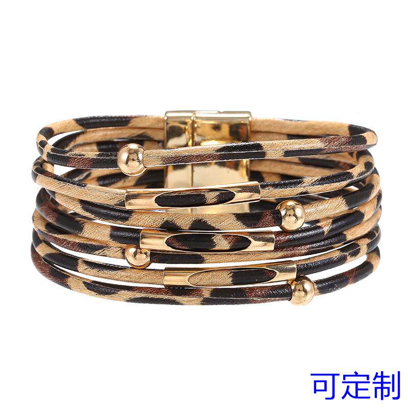 欧美爆款合金磁铁扣皮革豹纹手链 穿珠皮绳手环铜管手镯饰品定制