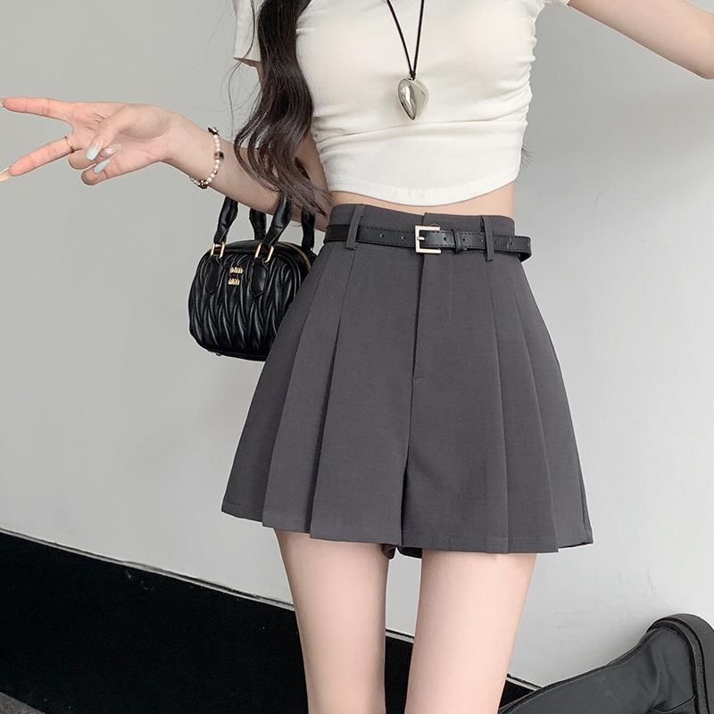 灰色西装百褶短裤裙女夏季薄款2025新款高腰显a字宽松阔腿热裤定