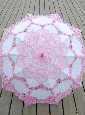 工艺花边蕾丝钩花棉布绣花伞 晴雨遮阳婚礼装饰吊装白带丽木柄伞