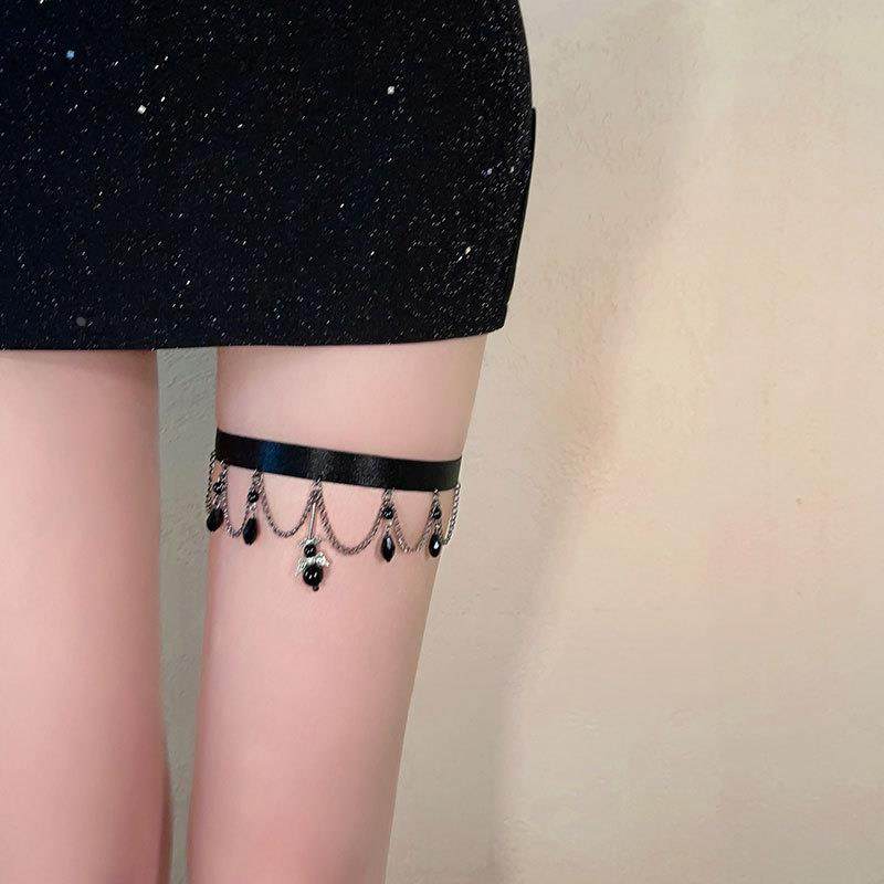 暗黑洛丽塔流苏黑珠子脚链黑色流苏腿环日系朋克欲大腿链定制