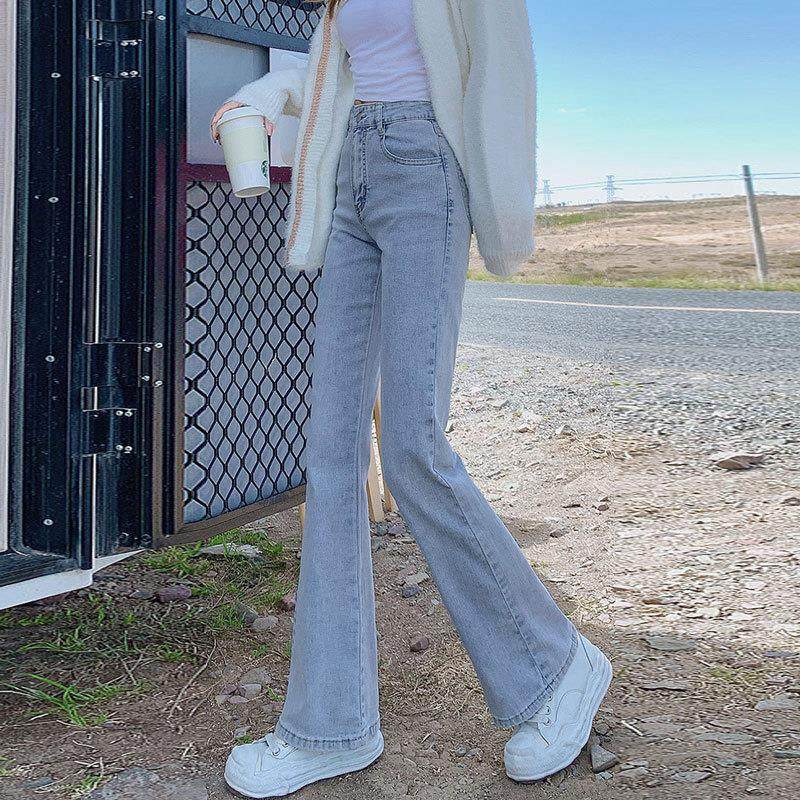 浅色微喇牛仔裤女网红高腰百搭马蹄裤小个子弹力拖地直筒喇叭裤子