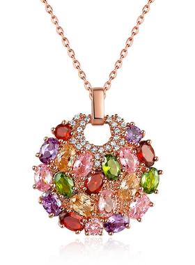 欧美风格款 饰品花好月圆彩色贵妇项链七彩锆石彩拼项链定制