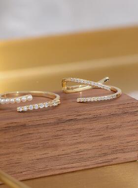 C321韩国东大门14k镀金交叉钻锆精致细指环开口戒指百搭冷淡定制