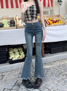 弄格辣妹高腰设计微喇牛仔裤女初秋2025新款显显高修身喇叭裤潮定