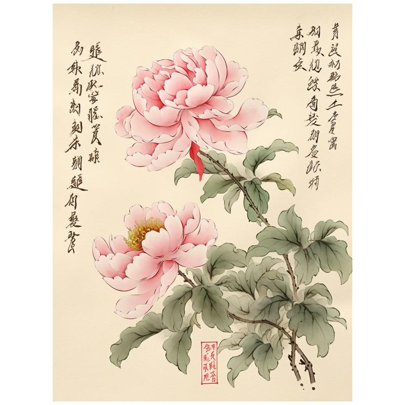 诗意牡丹国花DIY数字油画丙烯填色装饰画颜料画笔绷好内框定制图片