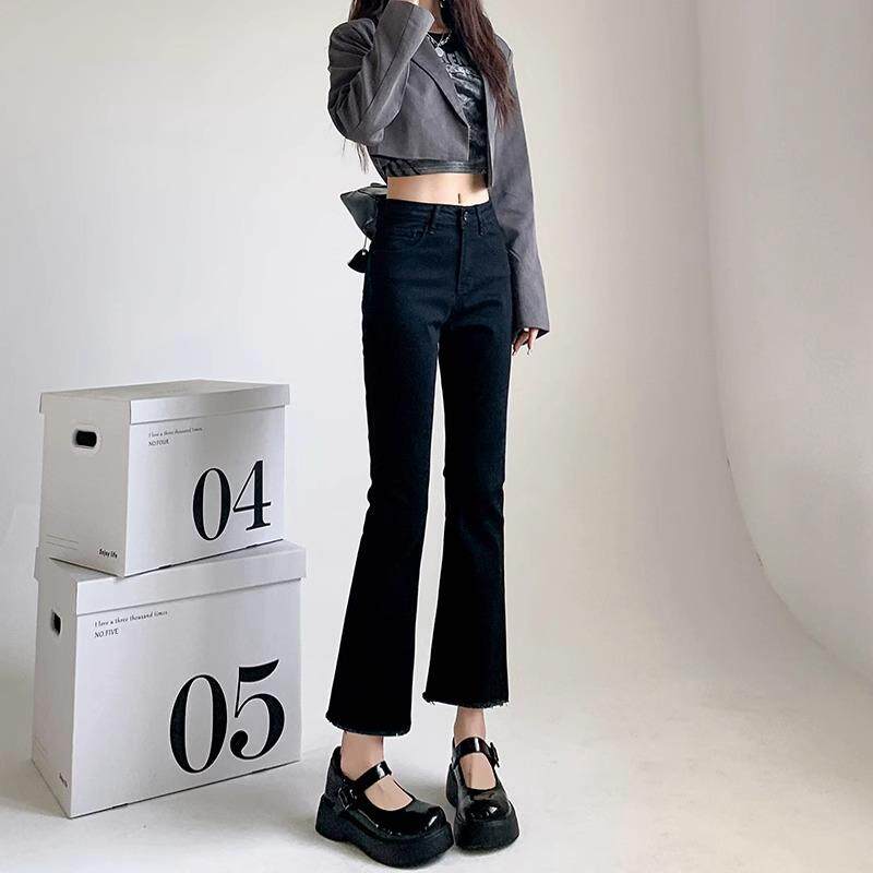 黑色微喇叭九分牛仔裤女2025年春秋季新款高腰显小个子喇叭裤定制